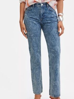Mango Denim Women Size 1 Blue Paisley Print Mid-Rise Straight Jeans NWT